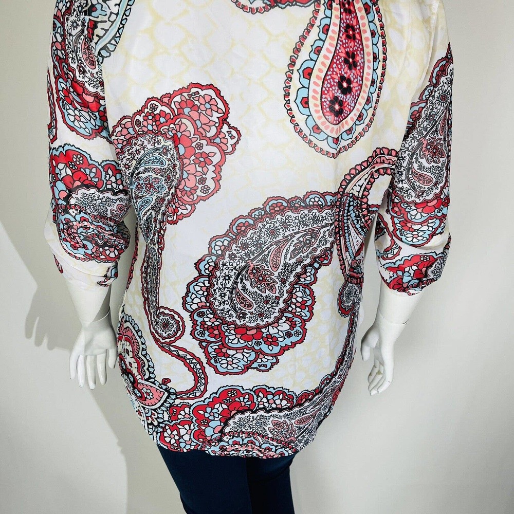 Multiples Womans Sz Large Red Paisley Neck 3/4‎ Sleeve Tie Neck - Picture 8 of 8